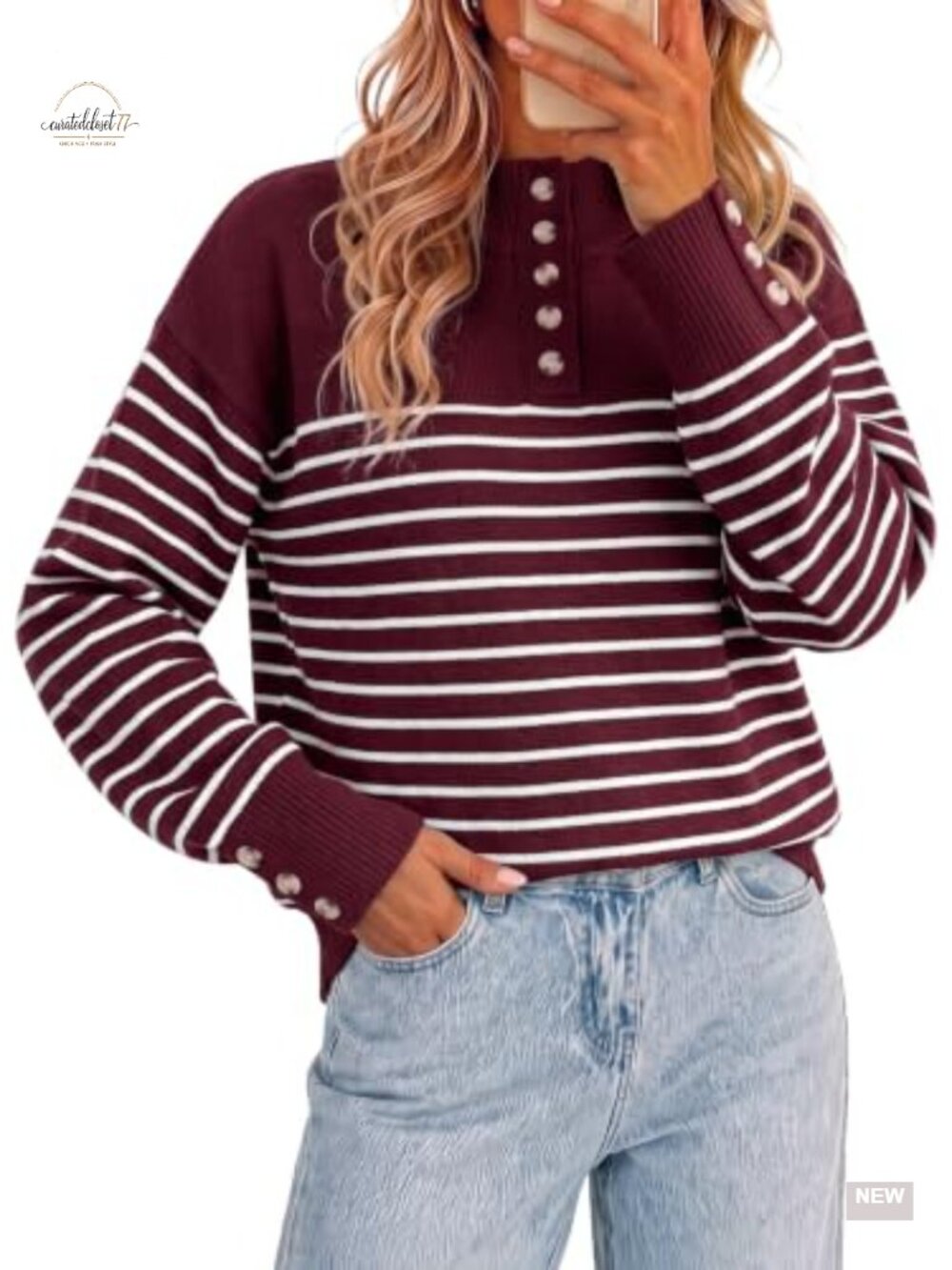 Striped Collared Half Button Sweater Pullover Oversized Tops